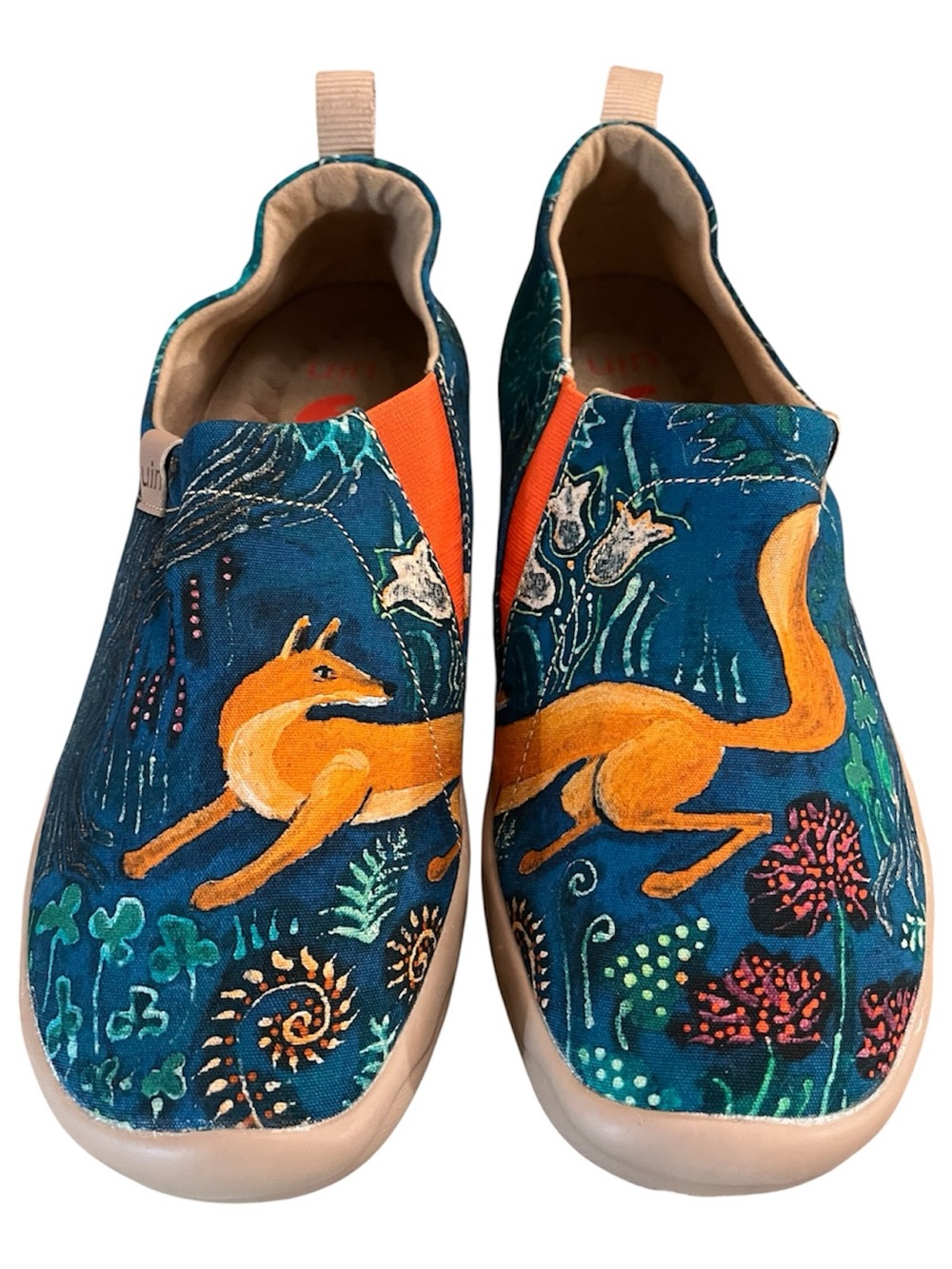 UIN Women's Slip-On Flats in Teal Blue with Orange Fox Motif